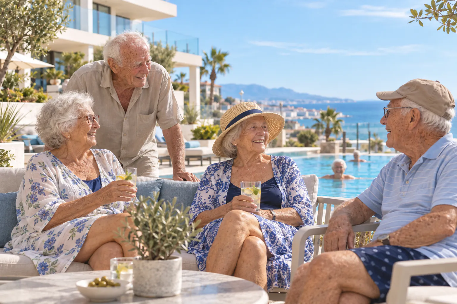 Mayores disfrutando de la terraza con piscina y vistas al mar de una residencia en España
