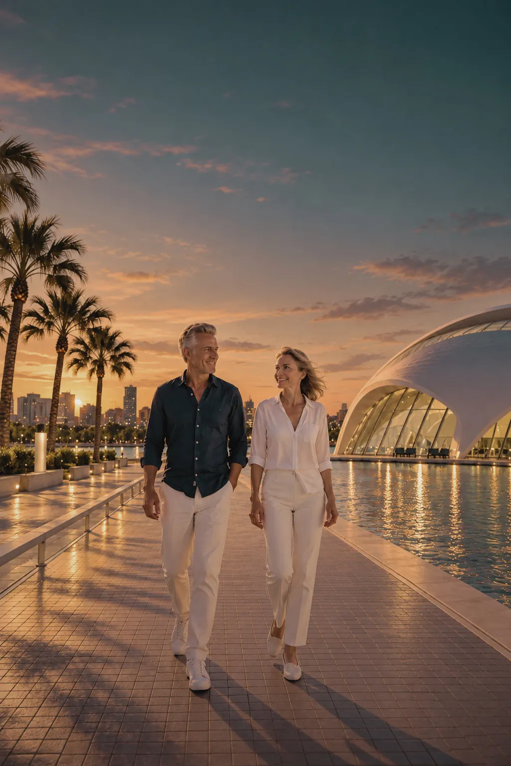 Pareja paseando junto a la Ciudad de las Artes y las Ciencias de Valencia