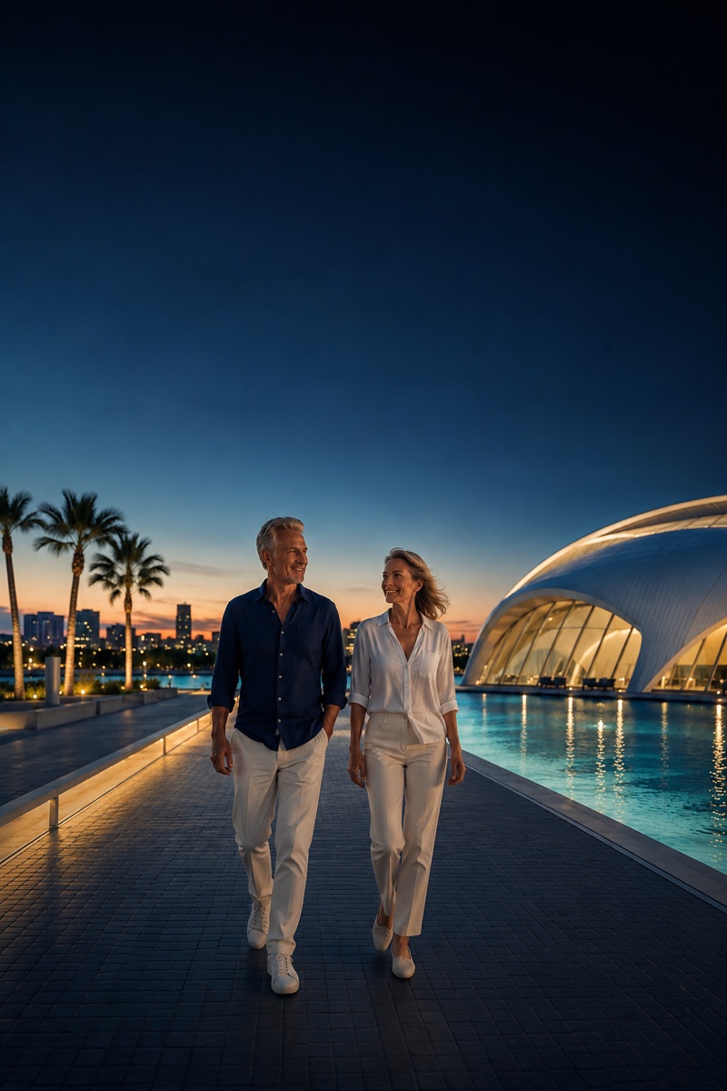 Pareja paseando al atardecer junto a la Ciudad de las Artes y las Ciencias de Valencia